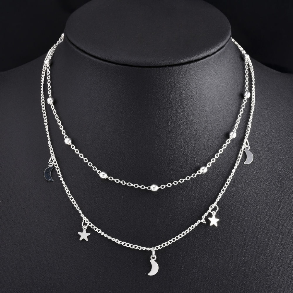 Moon & Stars Silver Layered Choker Bib Necklace - Picture 2 of 6